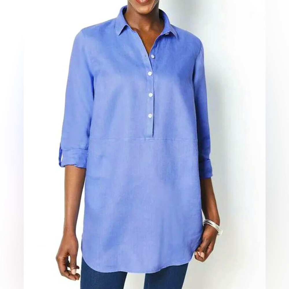 NWT J Jill Love Linen Tab-Sleeve 100% Linen Tunic Top W/ Pockets Blue Ginger SP